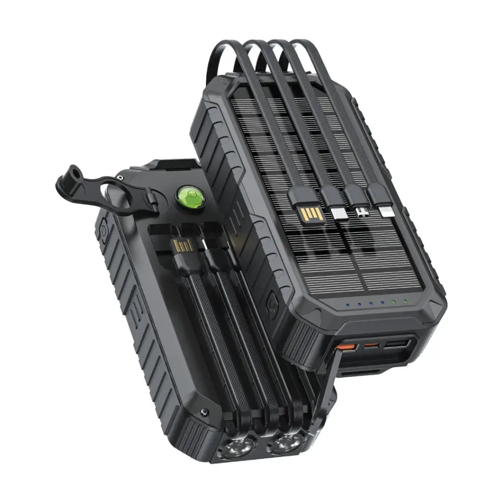 Green Lion Solar Mate 20000mAh Power Bank with 20W Fast Charging, 4 Built-in Cables, Dual Flashlight, and Solar Charging