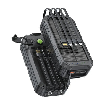 Green Lion Solar Mate 20000mAh Power Bank with 20W Fast Charging, 4 Built-in Cables, Dual Flashlight, and Solar Charging