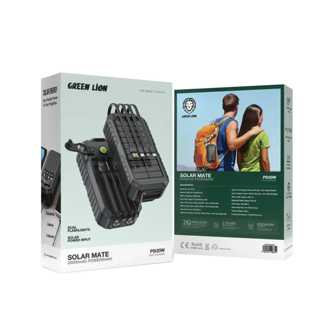 Green Lion Solar Mate 20000mAh Power Bank with 20W Fast Charging, 4 Built-in Cables, Dual Flashlight, and Solar Charging