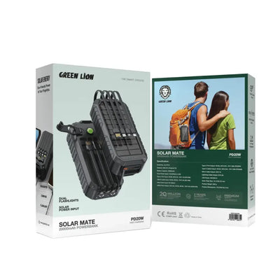 Green Lion Solar Mate 20000mAh Power Bank with 20W Fast Charging, 4 Built-in Cables, Dual Flashlight, and Solar Charging