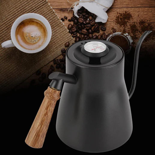 غلاية قهوة بالتنقيط من الستانلس ستيل بسعة 850 مل مع مقبض خشبي وثرمومتر
