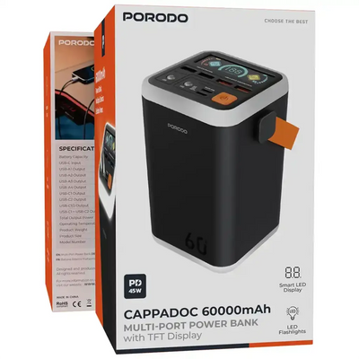 باور بانك Porodo Cappadoc بسعة 60000mAh – شحن سريع PD 45W مع شاشة TFT ذكية
