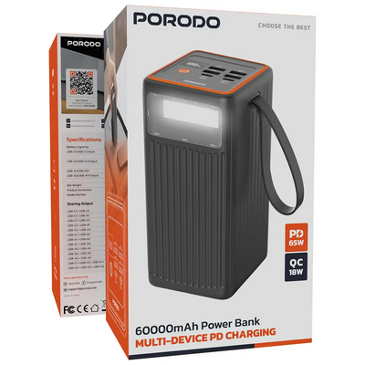 باور بانك Porodo بسعة 60000mAh – شحن سريع PD 65W مع QC 18W وتصميم عملي