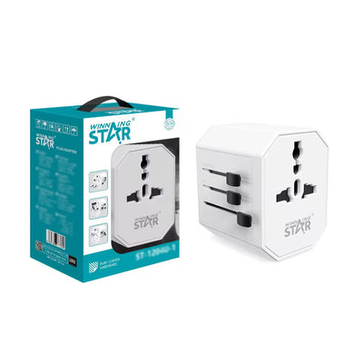 محول سفر عالمي متعدد المنافذ مع منافذ USB، تصميم مدمج وآمن من WINNING STAR