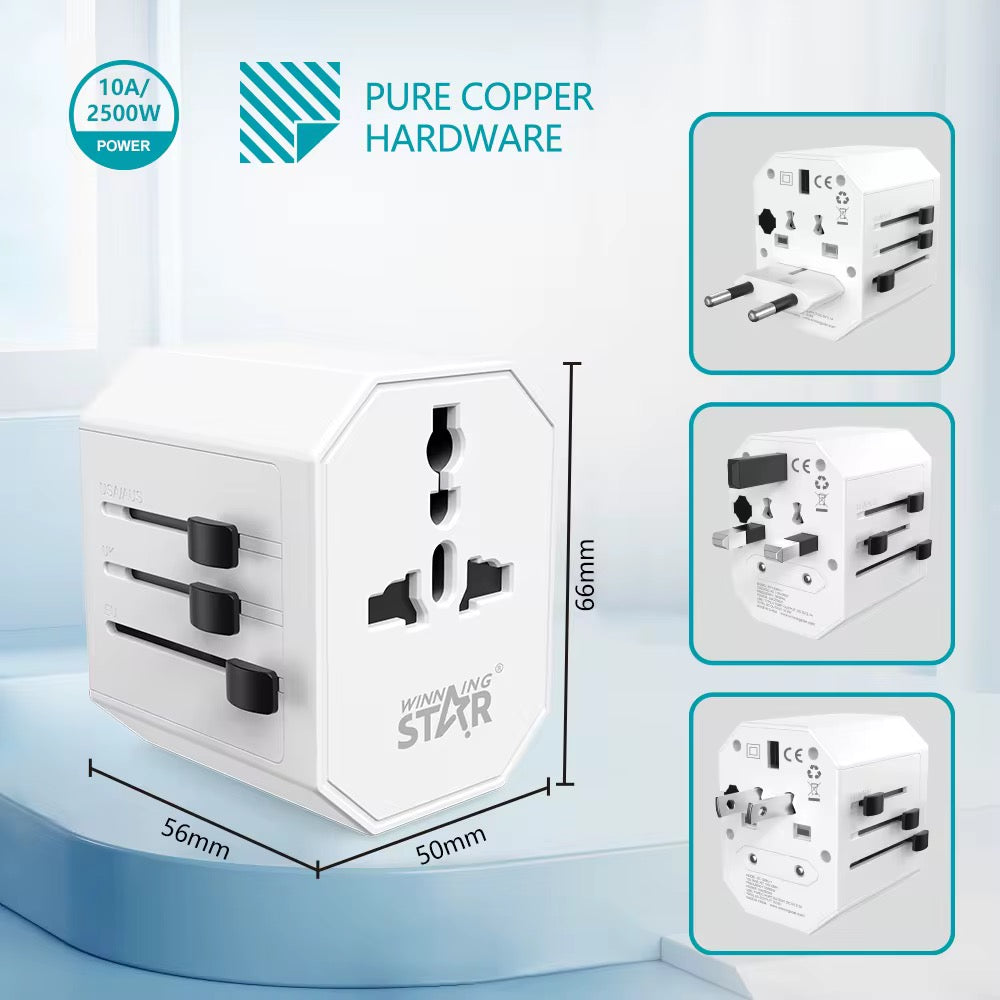 محول سفر عالمي متعدد المنافذ مع منافذ USB، تصميم مدمج وآمن من WINNING STAR