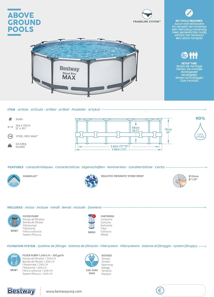 مسبح بيست واي ستيل برو ماكس للصيف قياس 427 × 107 سم – Bestway Steel Pro Max Pool Set