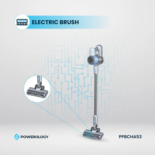 مكنسة العمودية اللاسلكية – 350 واط، بطارية قابلة للفصل، قوة شفط 25000 باسكال، فلتر HEPA، لون رمادي داكن من Powerology