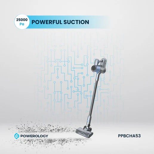 مكنسة العمودية اللاسلكية – 350 واط، بطارية قابلة للفصل، قوة شفط 25000 باسكال، فلتر HEPA، لون رمادي داكن من Powerology