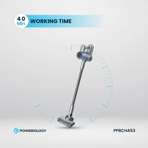 مكنسة العمودية اللاسلكية – 350 واط، بطارية قابلة للفصل، قوة شفط 25000 باسكال، فلتر HEPA، لون رمادي داكن من Powerology