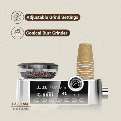 ماكينة تحضير القهوة مع مطحنة قهوة، اعداد طحن قابل للتعديل بقوة 19 بار وسعة 2.5 لتر، مقياس تسخين الاكواب، وشاشه تفاعليه من Lepresso