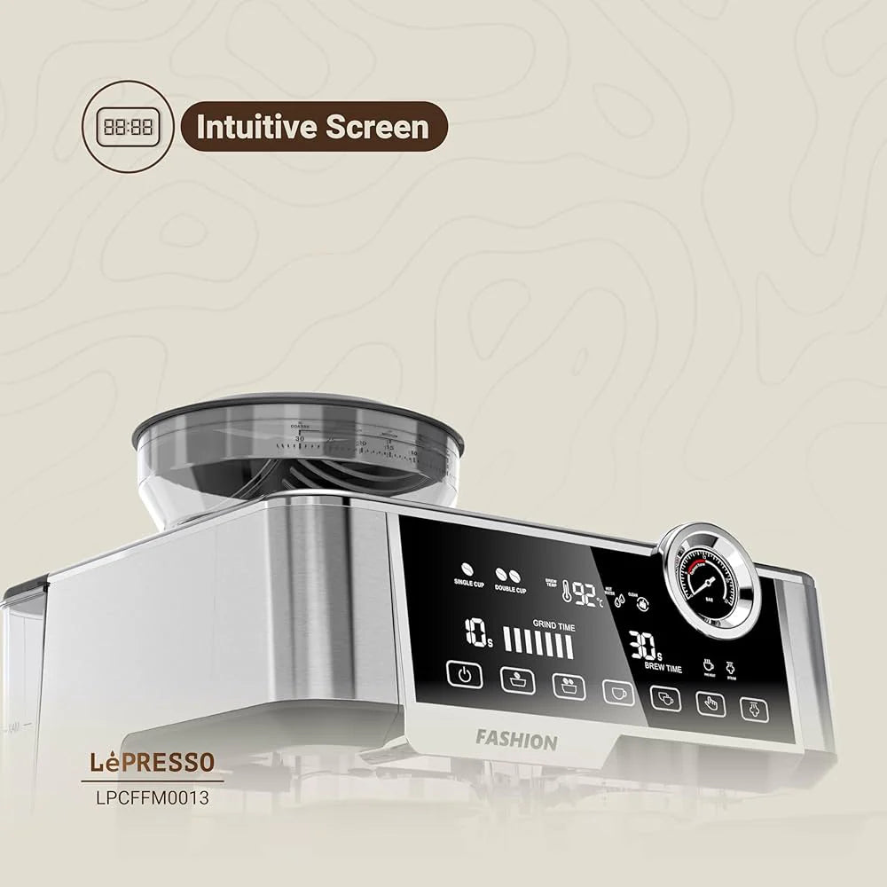 Lepresso Coffee Machine with Grinder, 19 Bar Adjustable Grinding Setting and 2.5 Liter Capacity, Cup Warming Tray, and Interactive Display