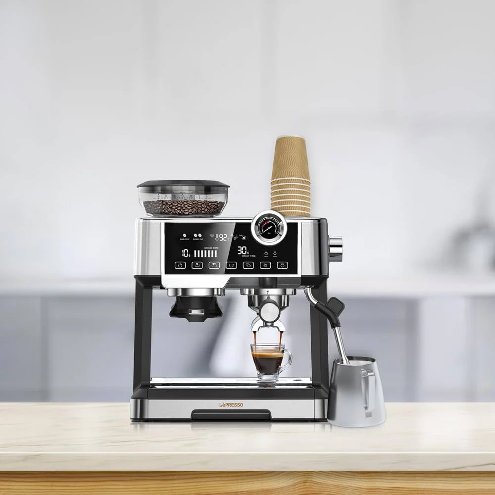 Lepresso Coffee Machine with Grinder, 19 Bar Adjustable Grinding Setting and 2.5 Liter Capacity, Cup Warming Tray, and Interactive Display