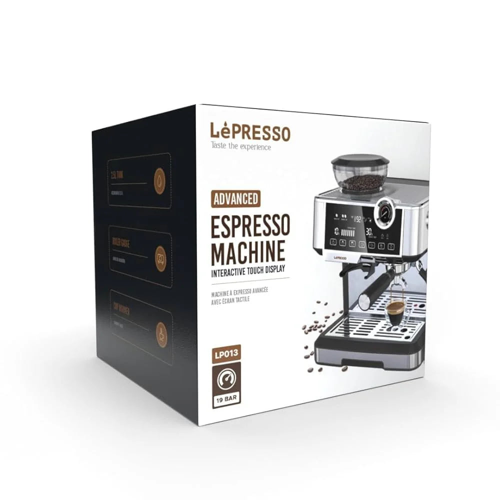 Lepresso Coffee Machine with Grinder, 19 Bar Adjustable Grinding Setting and 2.5 Liter Capacity, Cup Warming Tray, and Interactive Display