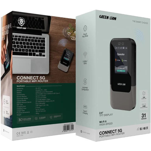 راوتر 5G محمول مع شاشة مقاس 2.4 بوصة سرعة عالية، بطارية تدوم حتى 12 ساعة، يدعم شريحة Nano SIM وeSIM من Green Lion