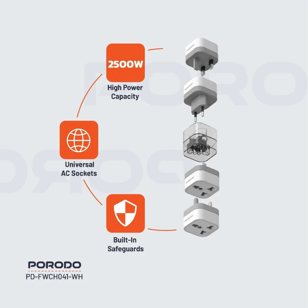 Porodo محول كهرباء عالمي للسفر – يدعم أكثر من 150 دولة | قدرة 2500w
