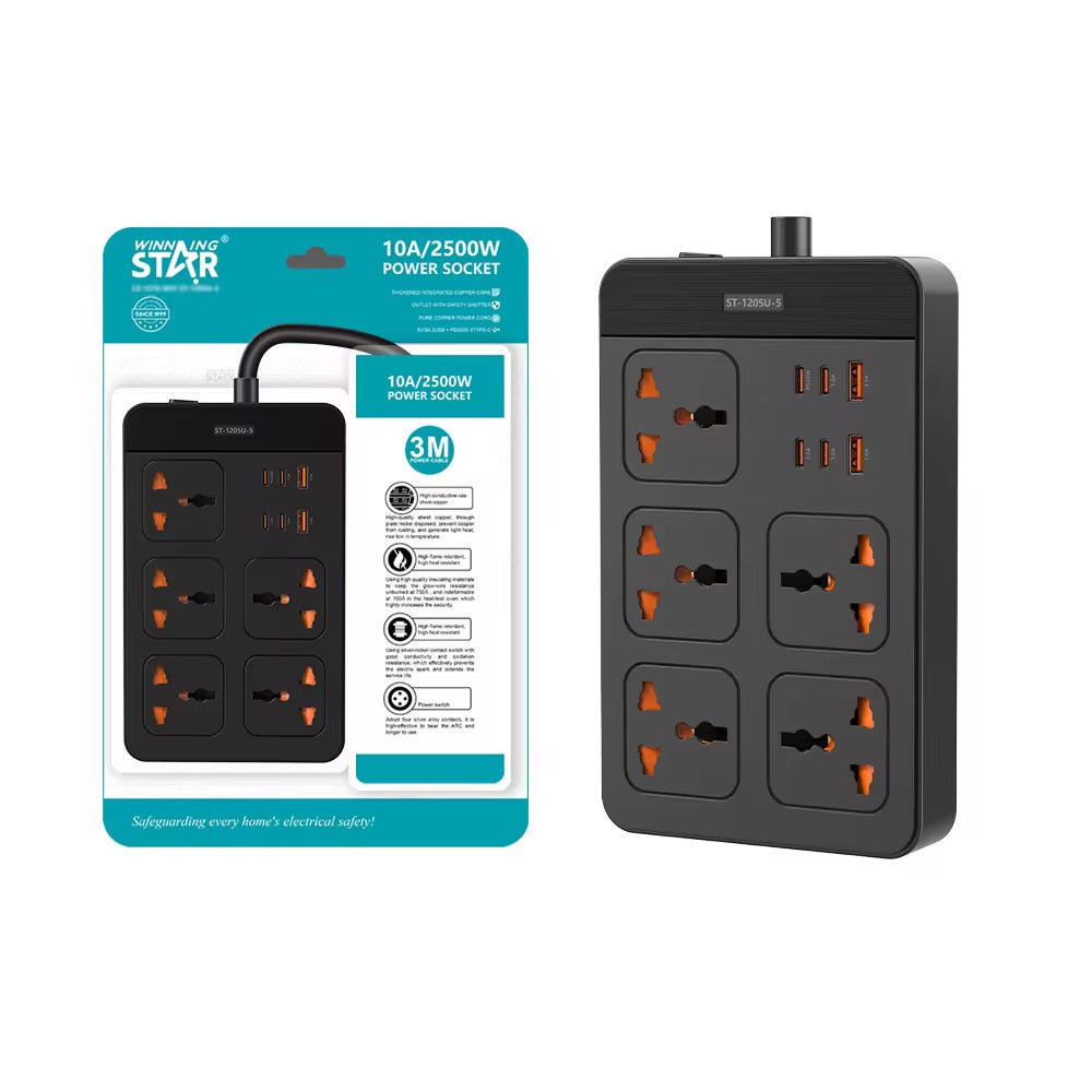 محول كهربائي متعدد  المنافذ بقوة 2500 واط بطول 3 متر من Winning Star