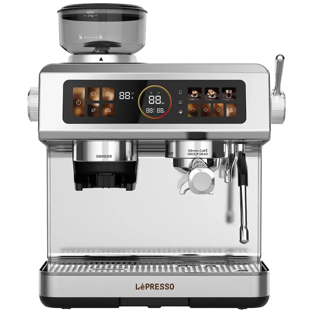 Coffee Machine with Grinder, Adjustable Grind Setting, 20 Bar Pressure, 2.8L Capacity, Cup Warming Tray, and Interactive Screen from Lepresso