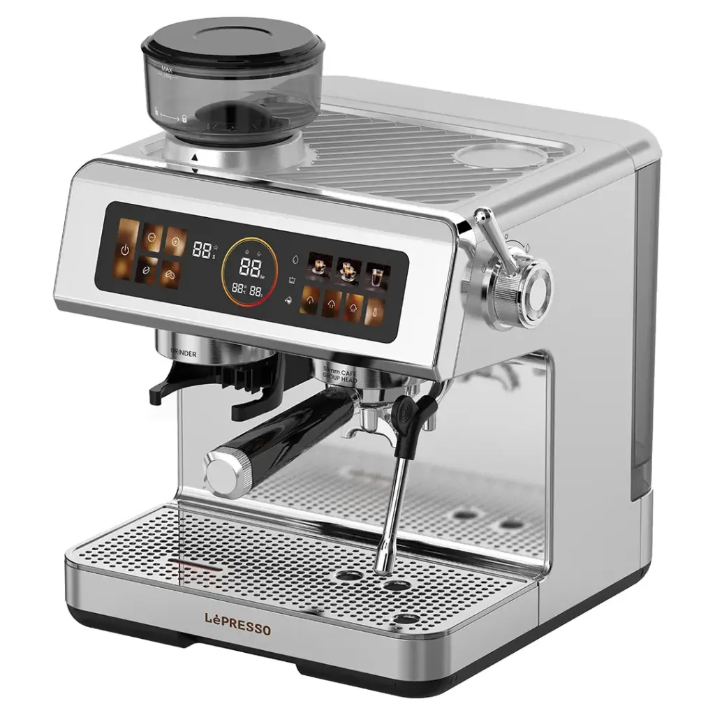 Coffee Machine with Grinder, Adjustable Grind Setting, 20 Bar Pressure, 2.8L Capacity, Cup Warming Tray, and Interactive Screen from Lepresso