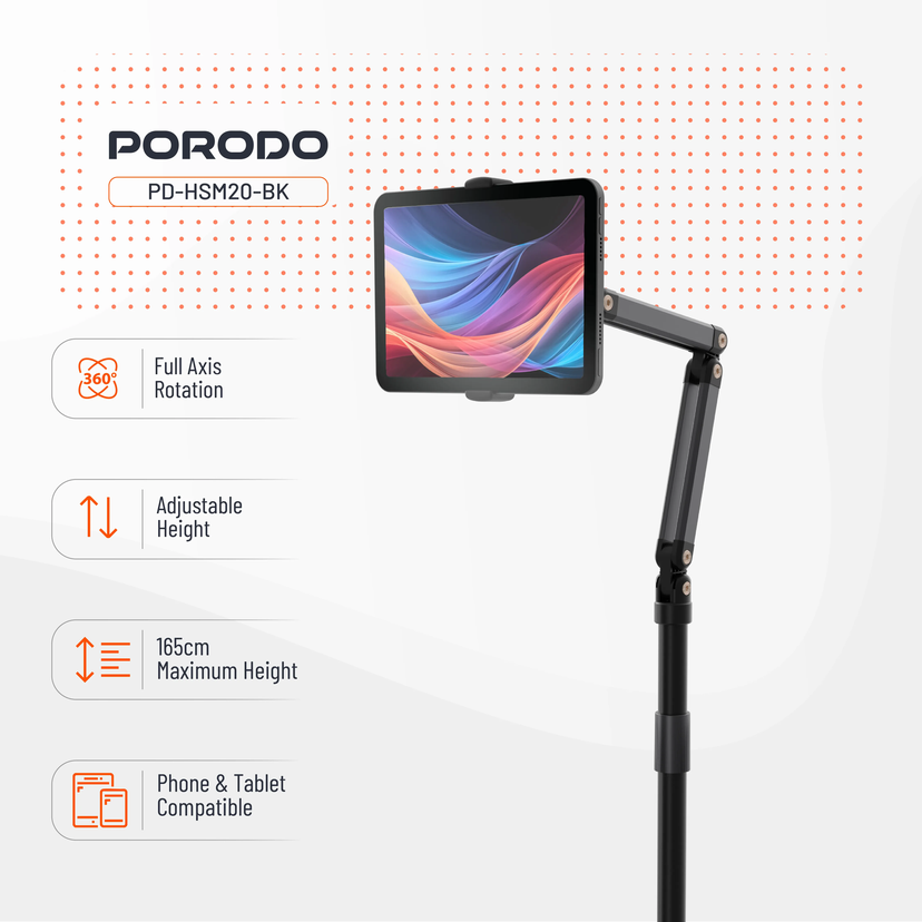حامل للهاتف والاجهزه اللوحبه بطول 1.65متر مع دوران 360 درجه من porodo