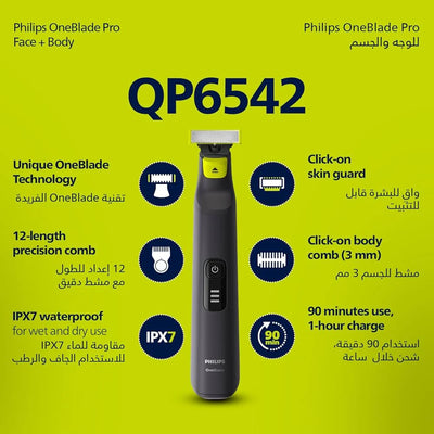 Philips OneBlade Pro Face and Body Trimmer with 12-Length Precision Comb, Waterproof