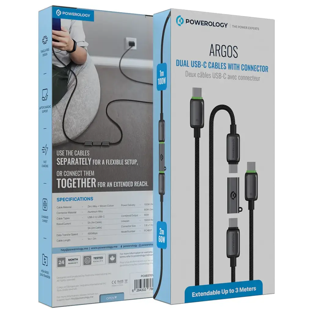 باورولوجي Argos كابلات USB-C مزدوجة مع موصل - رمادي