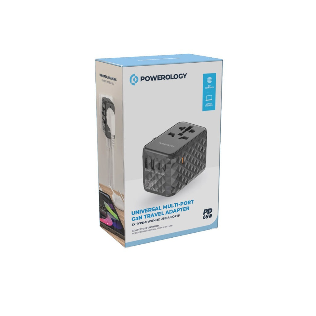 محول سفر عالمي متعدد المنافذ من powerology بقدرة 65 واط (3 منافذ Type-C / منفذين USB-A)