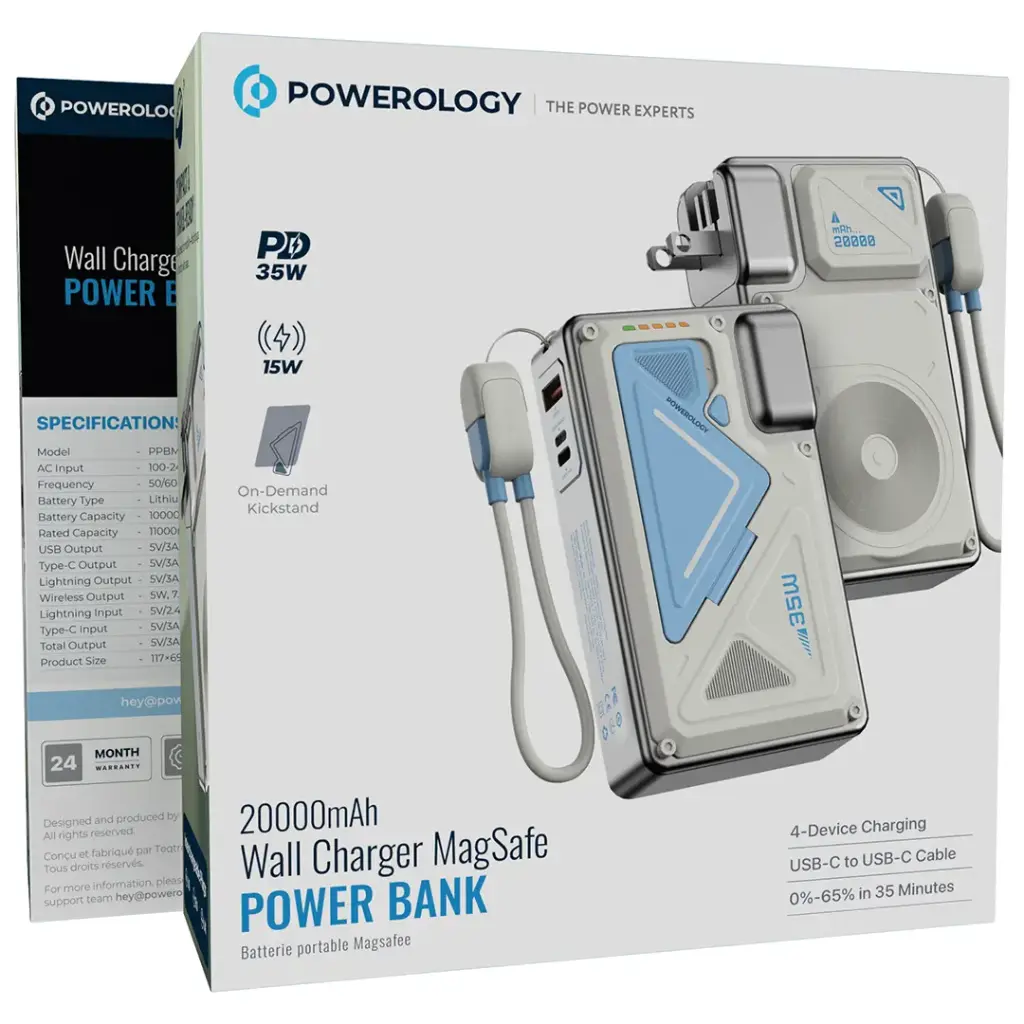 شاحن جداري مع باور بنك بسعة 20000 مل أمبير مع شلحن لاسلكي من Powerology