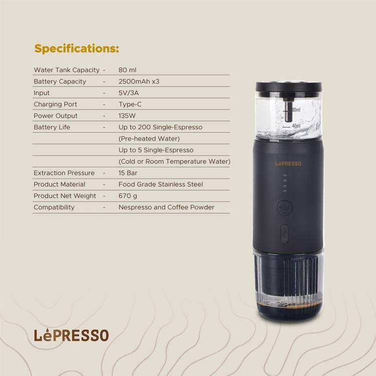 Lepresso Portable Espresso Machine, Stainless Steel, 2500mAh Battery